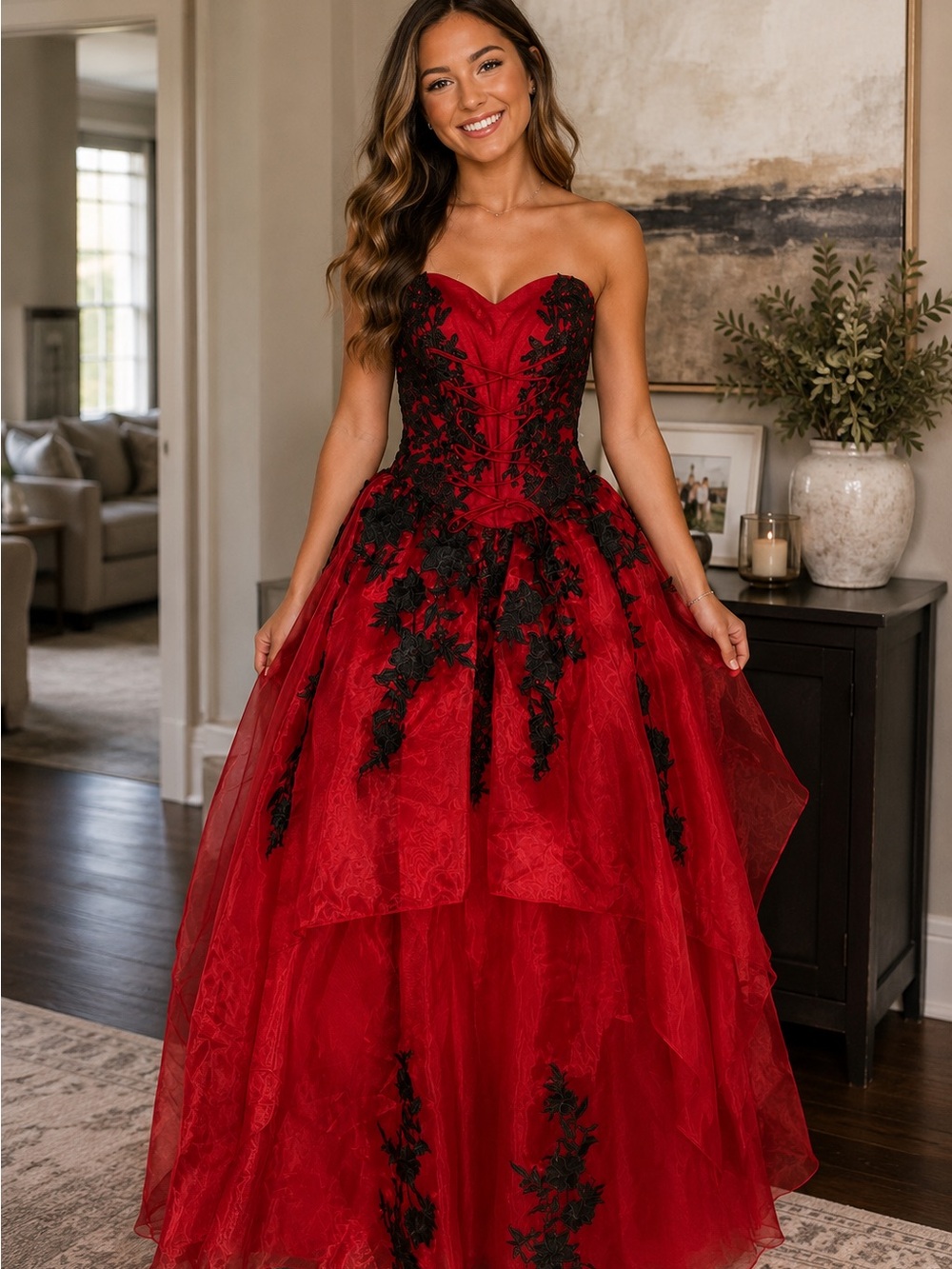 Strapless Red Ball Gown with Black Lace Appliqué